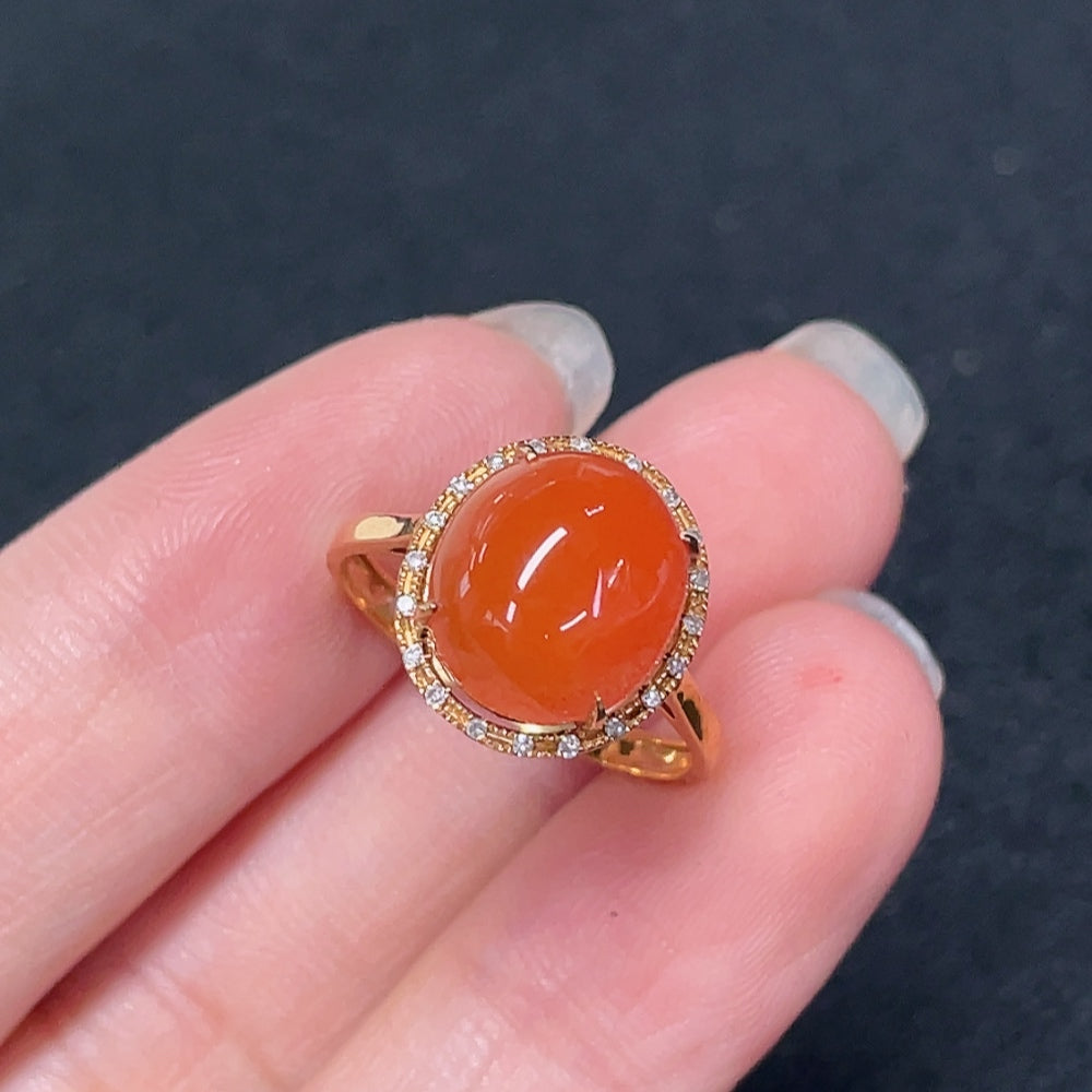 South Red Agate Ring with Diamond Accents, 18K Gold
