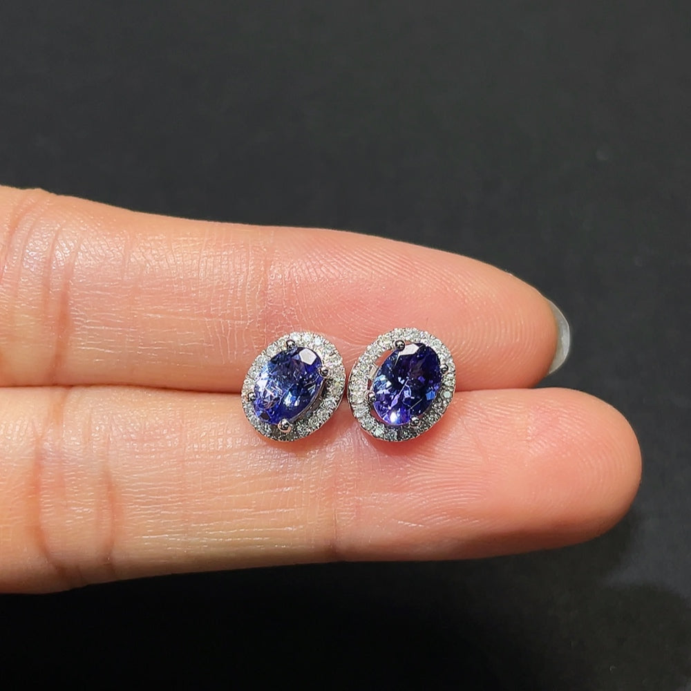 18K Gold Tanzanite Earrings with Diamond Accents, Total Weight Approx. 2.3g