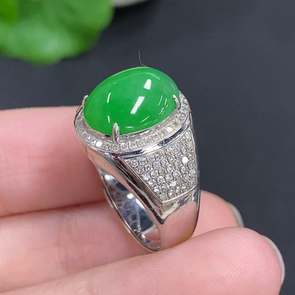 Jadeite Cabochon Ring 18k Gold Total Weight Approx. 6.7g Adjustable Size with Diamond Accents