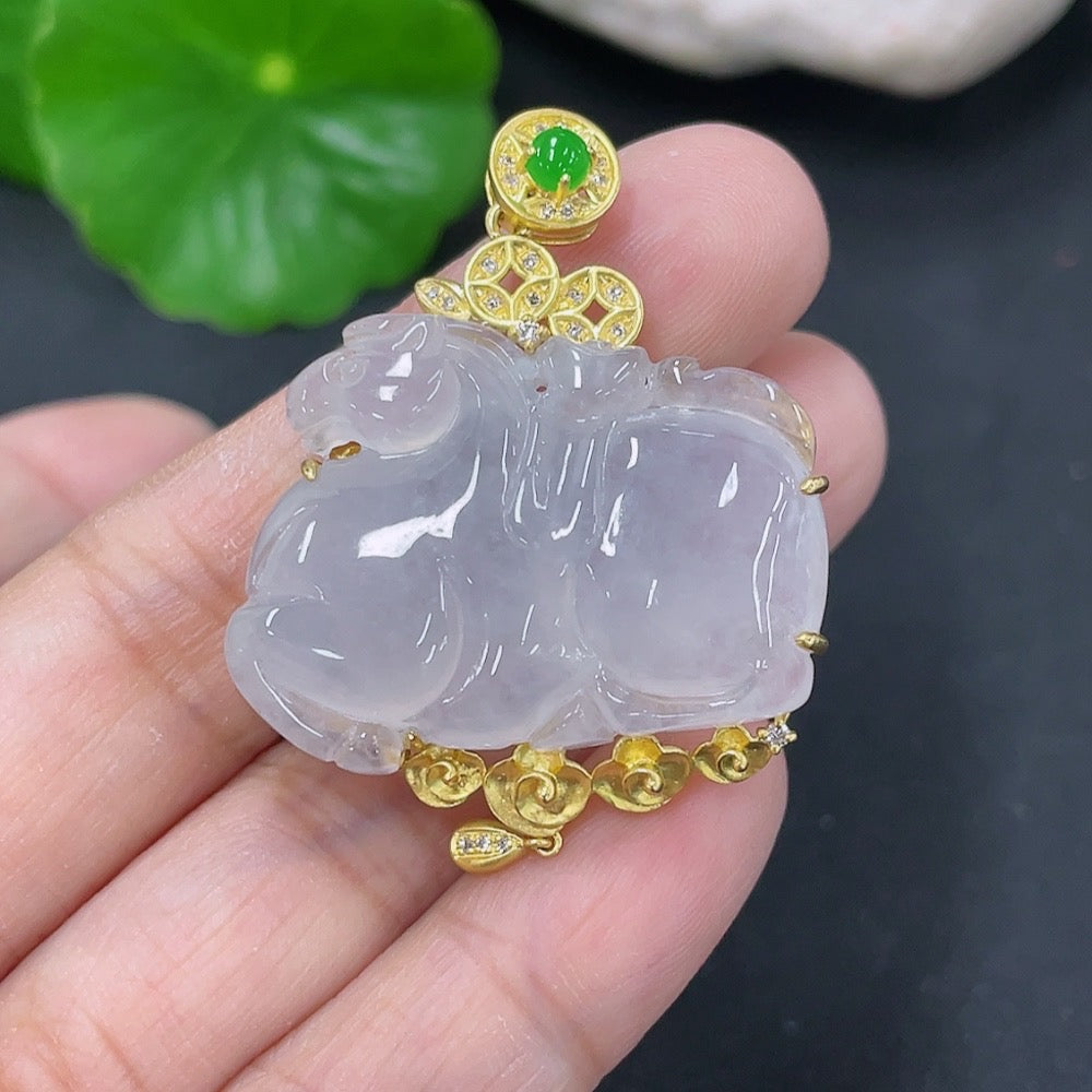 Jadeite Tang Horse Pendant with 18K Gold and Diamond Accents