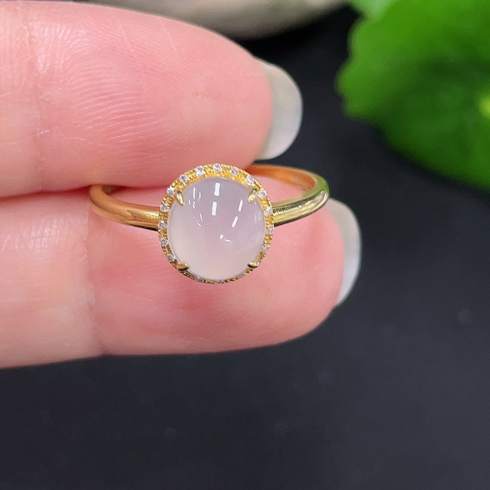 Jadeite Cabochon Ring with 18K Gold Size 14 Total Weight Approx. 1.2g (Accented with Diamonds)