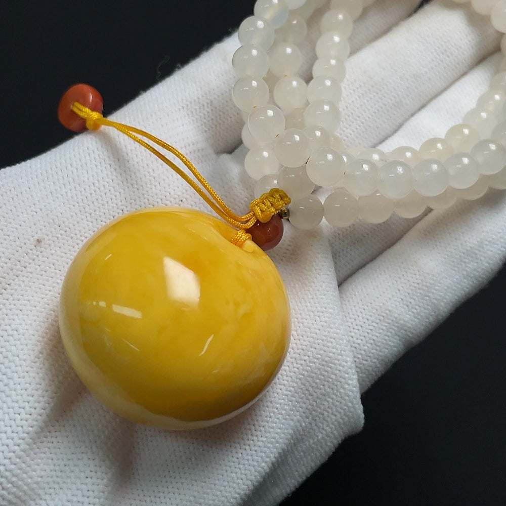 Amber Beeswax Pendant with Hetian Jade, Turquoise, and Southern Red Agate, Containing Other Mineral Components, Non-Gold