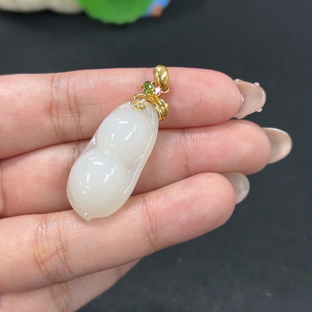 Hetian Jade Inlaid Pendant, Lucky Bean, Total Weight Approx. 9.3g, 18k Gold with Diamond Accents