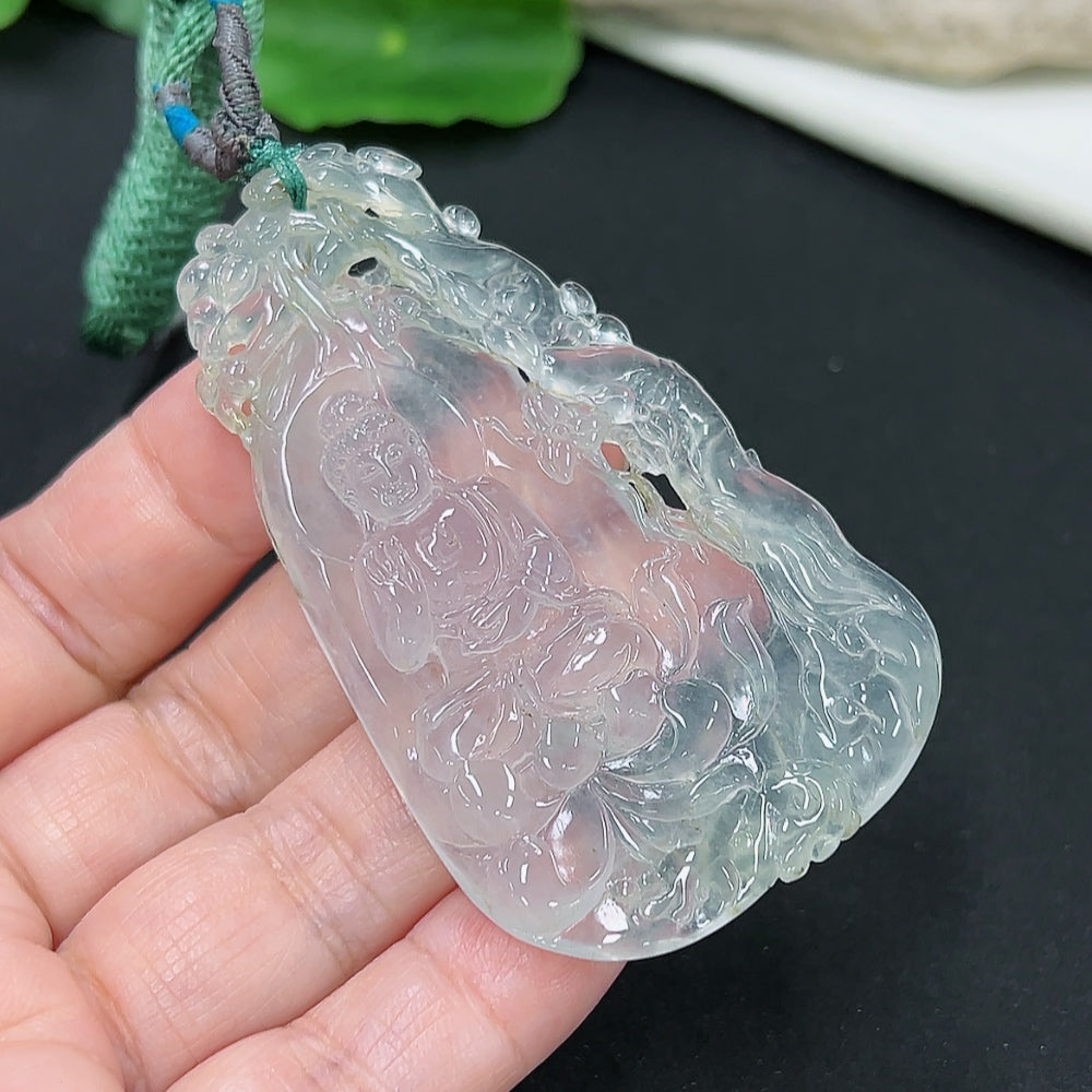 Jadeite Guanyin pendant with cord, crafted from green jade, weighing approximately 27.4g, by HKHQ, detailed carving of Guanyin figure.