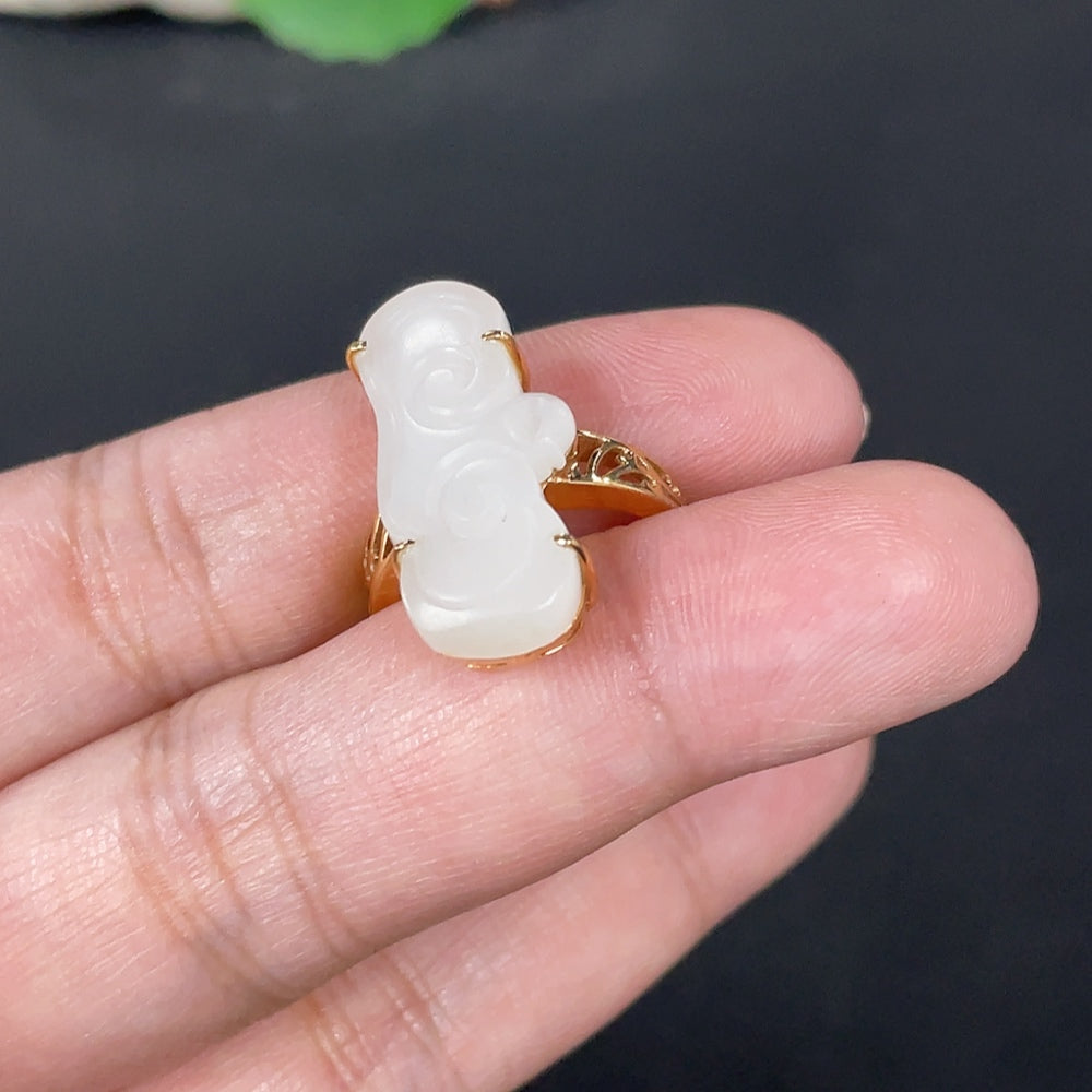 Hetian Jade Inlaid Ring Ruyi Size 14 Total Weight Approx. 5.2g 18k