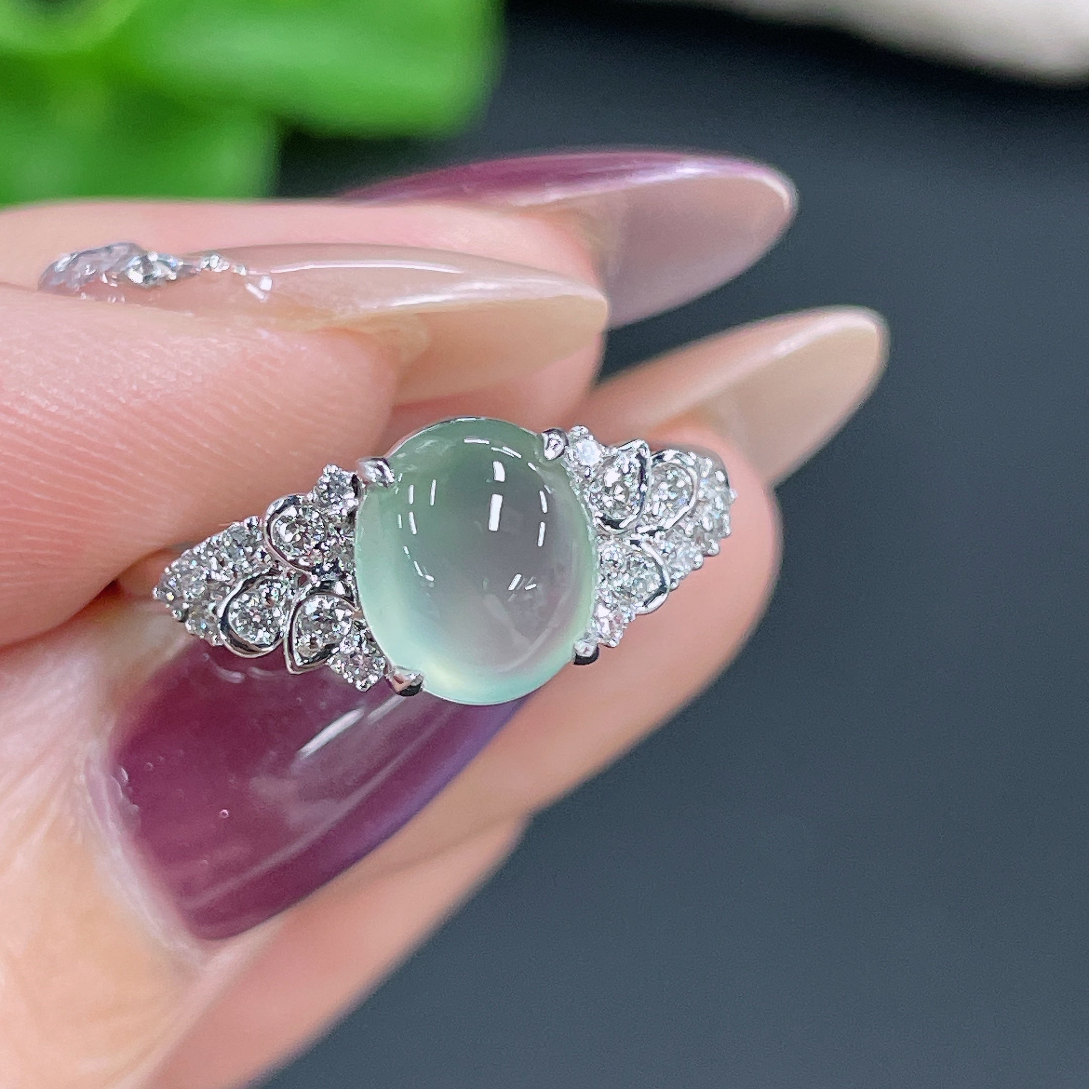 Jadeite Ring 18k Gold Setting with Diamond, Total Weight Approx. 2.86g, Size 14