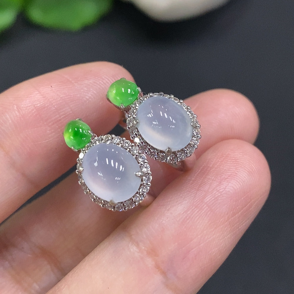 Jadeite Cabochon Earrings with 18k Gold and Diamond Accents, Total Weight Approximately 5.4g