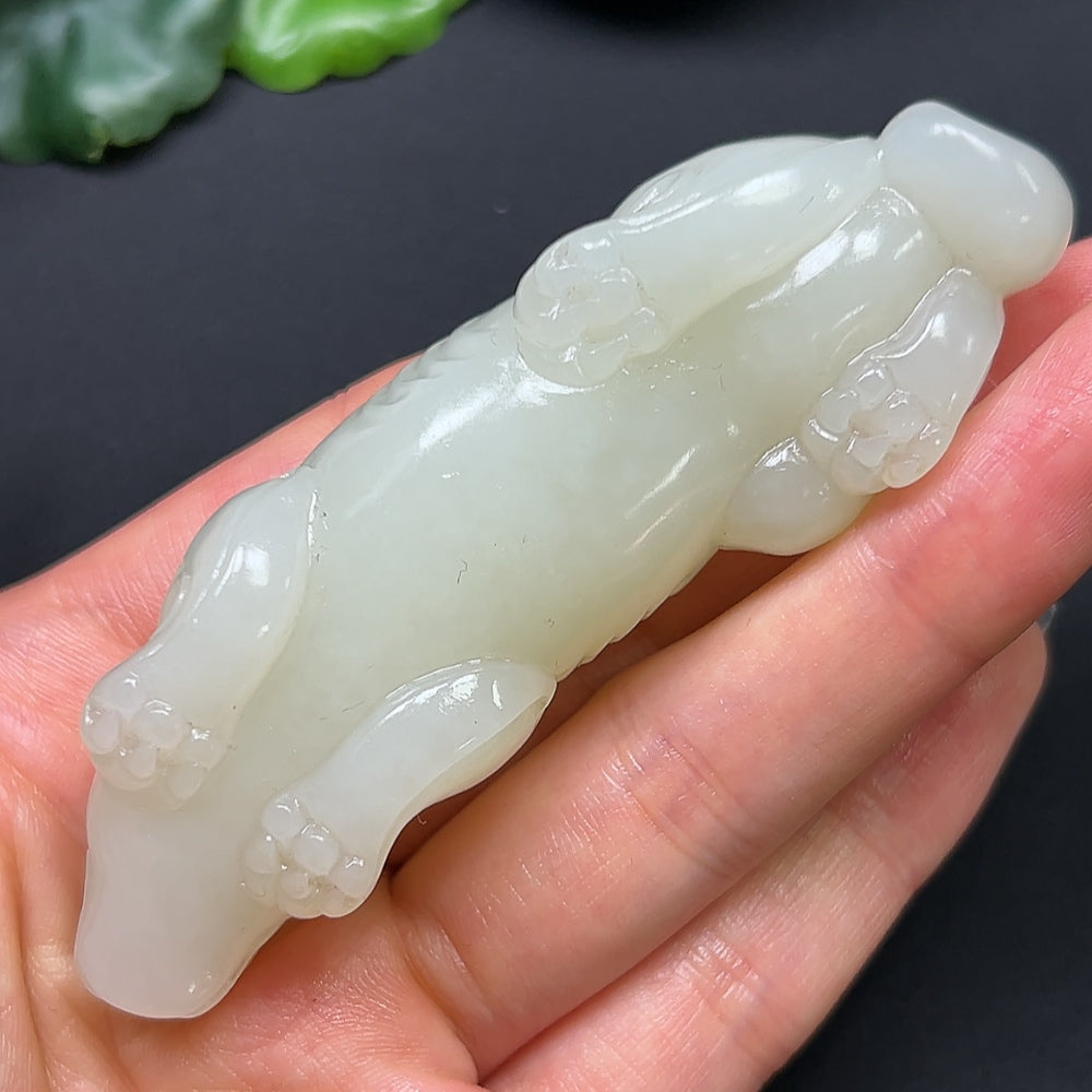 Hetian Jade Pixiu pendant from HKHQ, crafted from high-quality jade, weighing approximately 80g, featuring detailed traditional design.