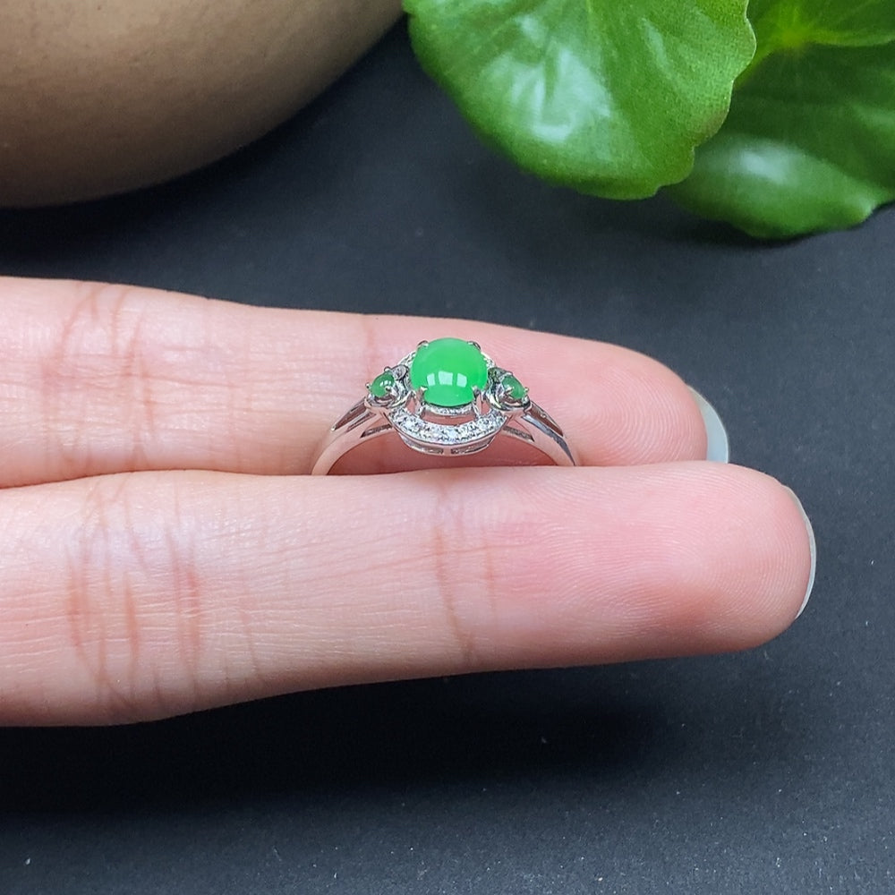 Jadeite inlaid ring with diamond accents, size 18, crafted by HKHQ, featuring a sleek jade design and 18k gold details.
