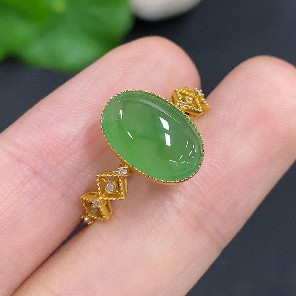 Jadeite Cabochon Solitaire Ring 18K Gold (With Diamond Accents)