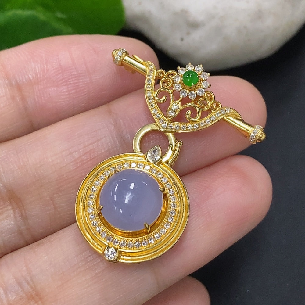 Jadeite Cabochon Brooch 18K Gold Total Weight Approx. 4.4g (With Diamond Accents)