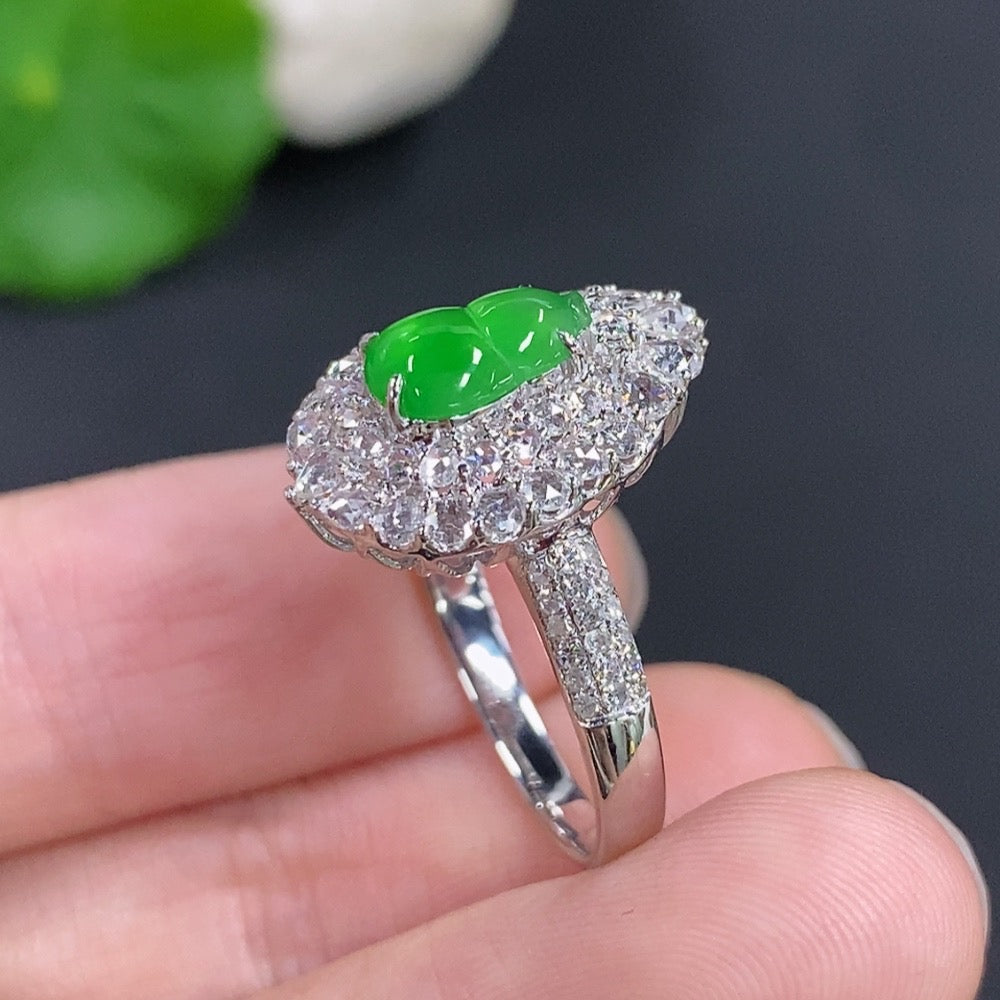 Jadeite Gourd Inlaid Ring 18k GoldWith Diamond Accents