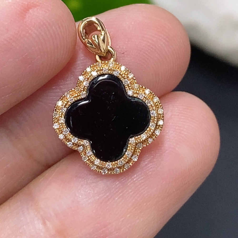 Jadeite Inlay Pendant 18K Gold Total Weight Approx. 1.4g (with Diamond Accents)