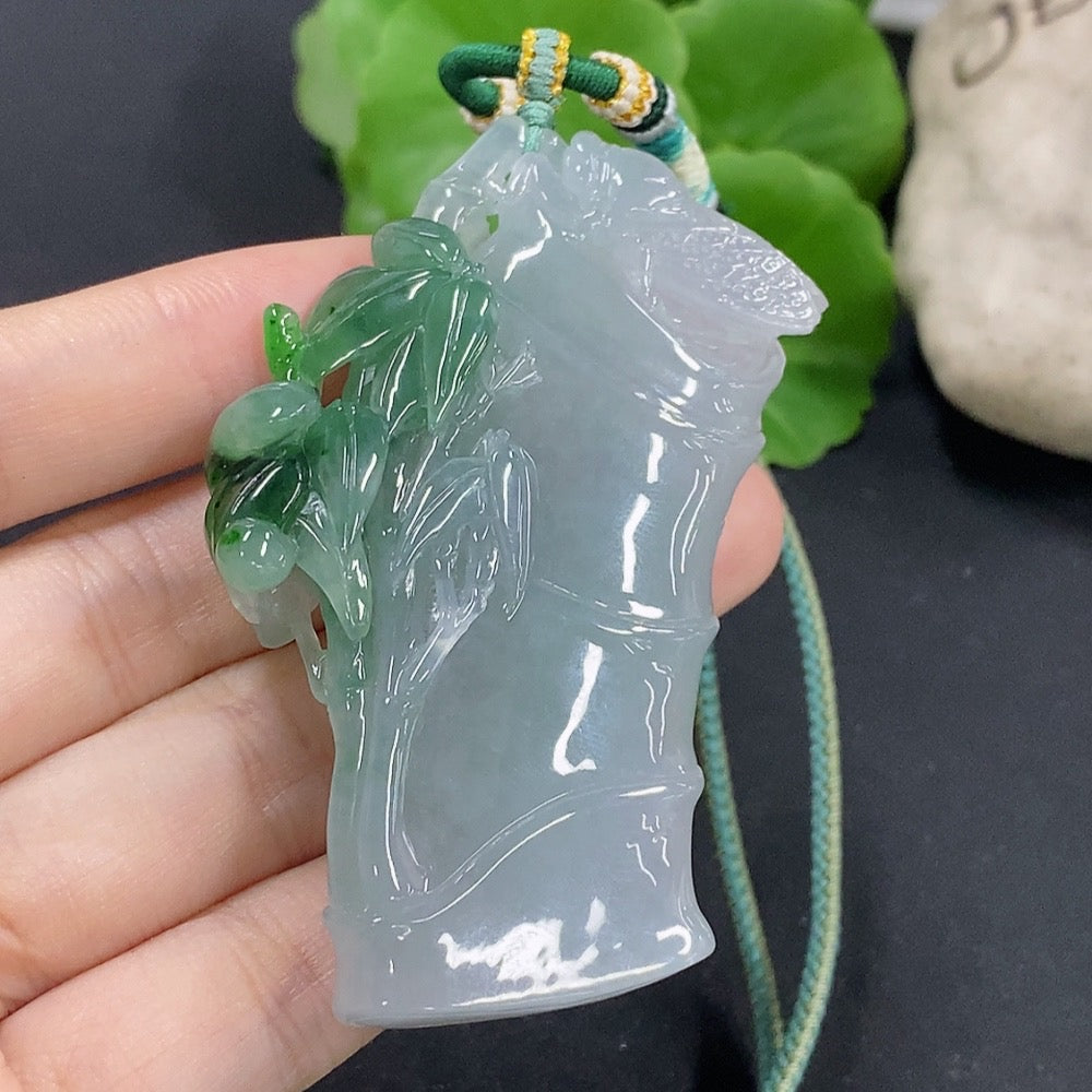Jadeite bamboo pendant with mineral accents, weighing about 59.89g, crafted by HKHQ, showcasing intricate jade and mineral details.