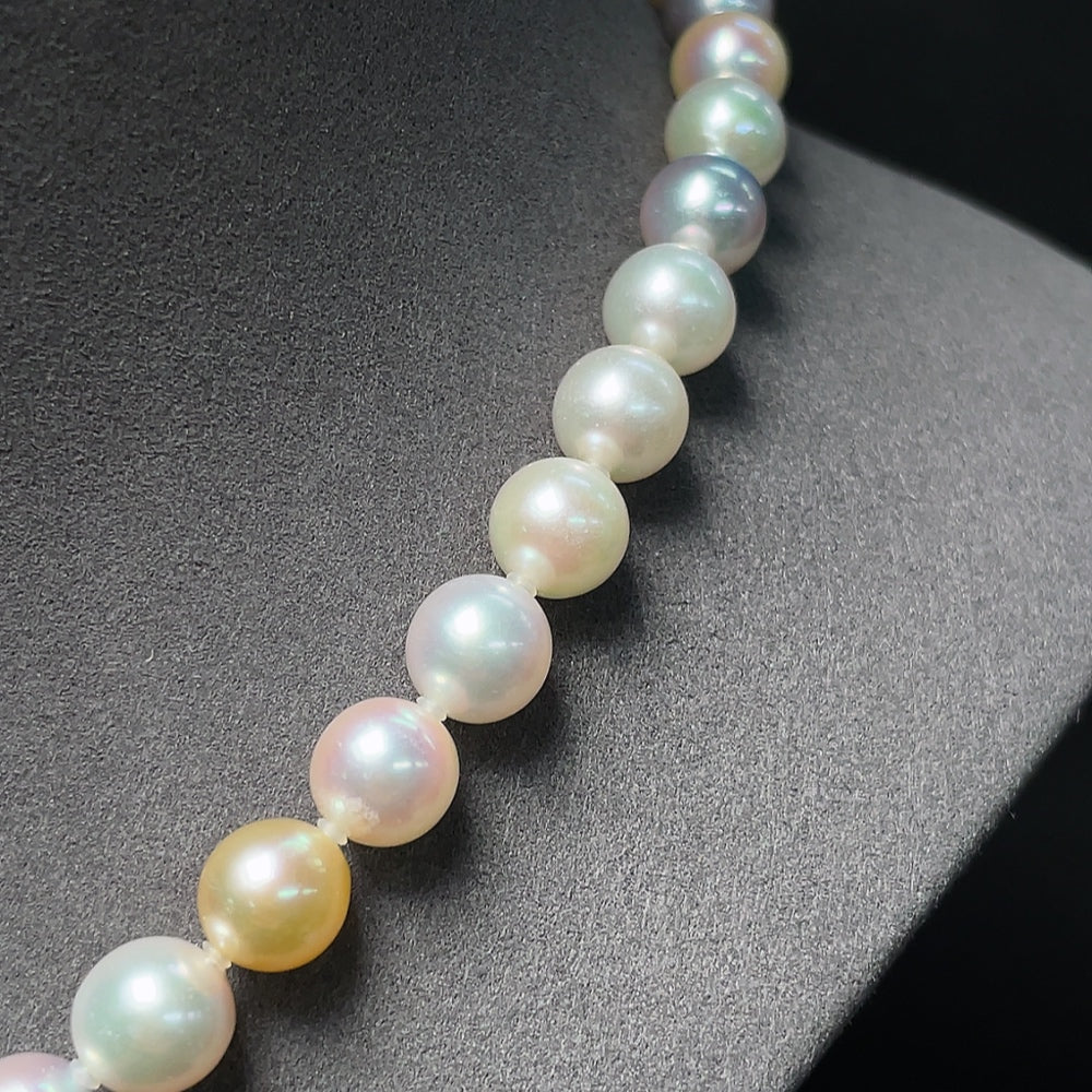 HKHQ seawater pearl necklace featuring undetermined color pearls, 8.6mm size, total weight 46.43g, displayed on a neutral background