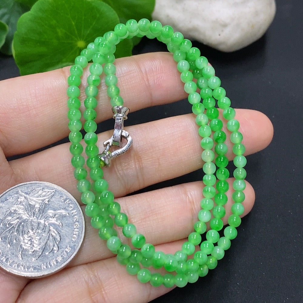 Jadeite bead necklace by HKHQ featuring 3.4mm jade beads, non-gold, totaling approximately 11.7g weight, displayed on a neutral background.
