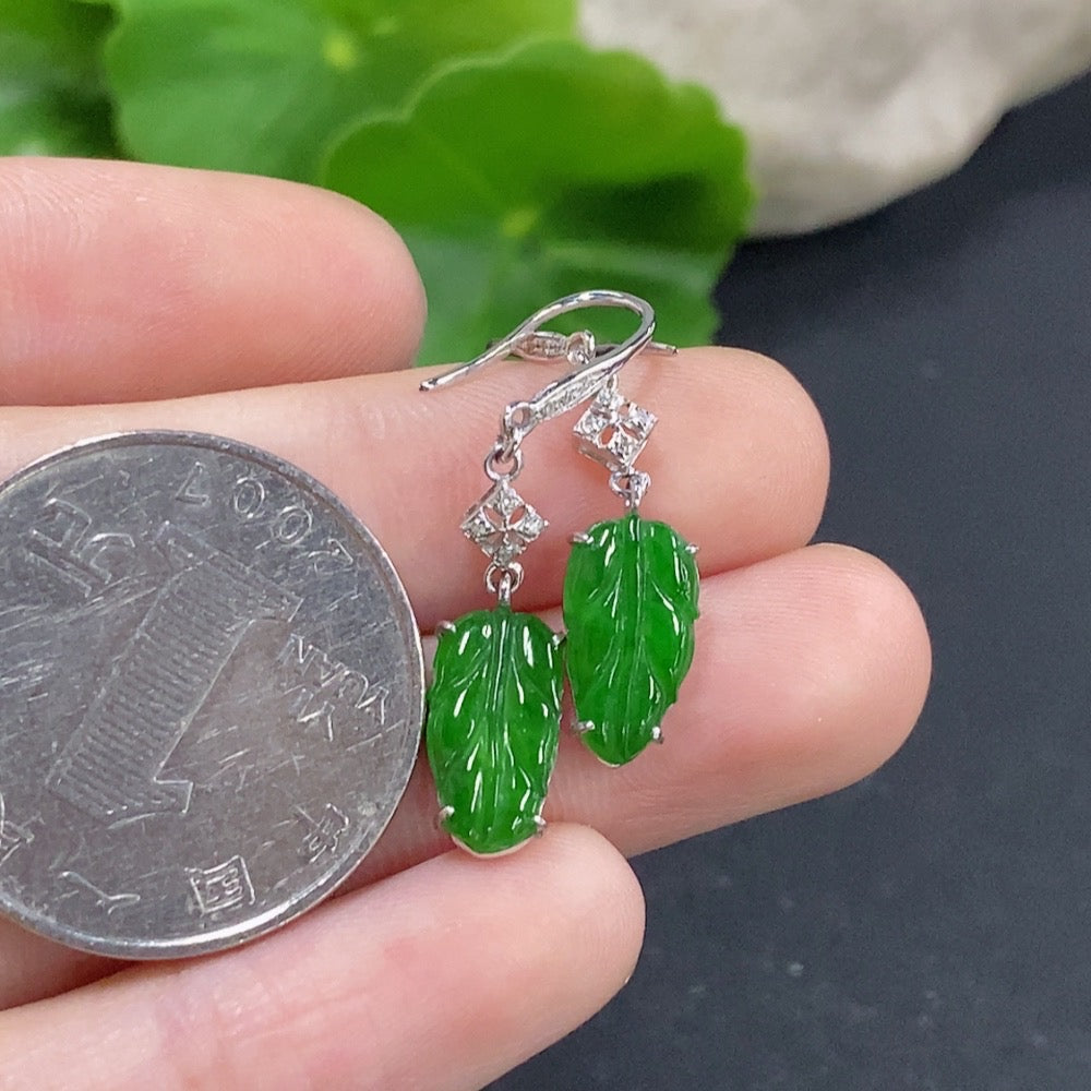 Jadeite leaf inlaid earrings by HKHQ with 18k gold and diamond accents, featuring intricate leaf design and polished finish.