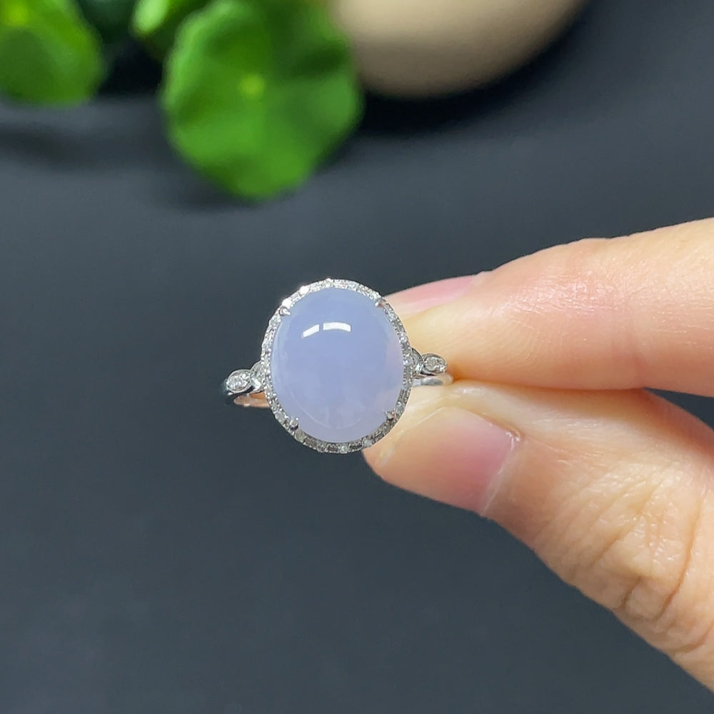 Jadeite cabochon solitaire ring with diamond accents, 18K gold, size 13, HKHQ jewelry, showcasing the smooth, polished jade stone.