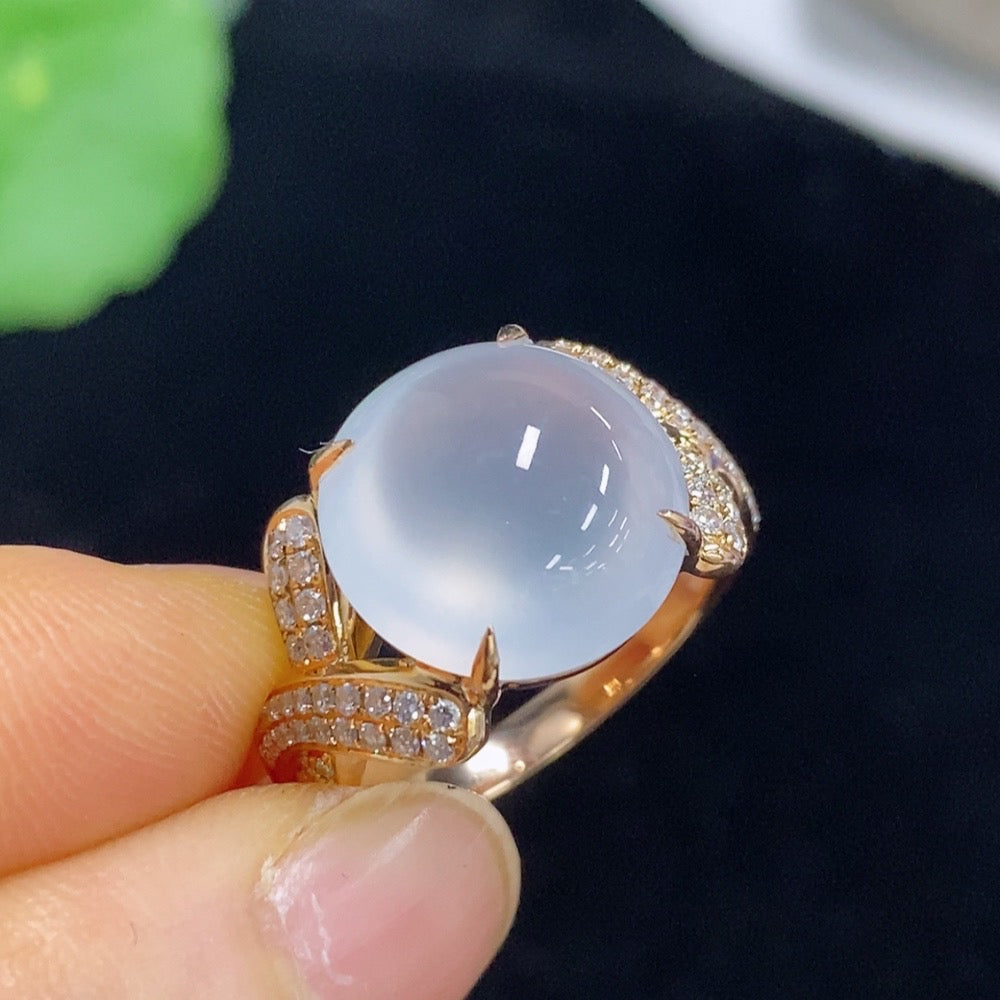 Jadeite Cabochon Ring with 18k Gold and Diamond Accents, Size 19, Total Weight Approximately 8.62g
