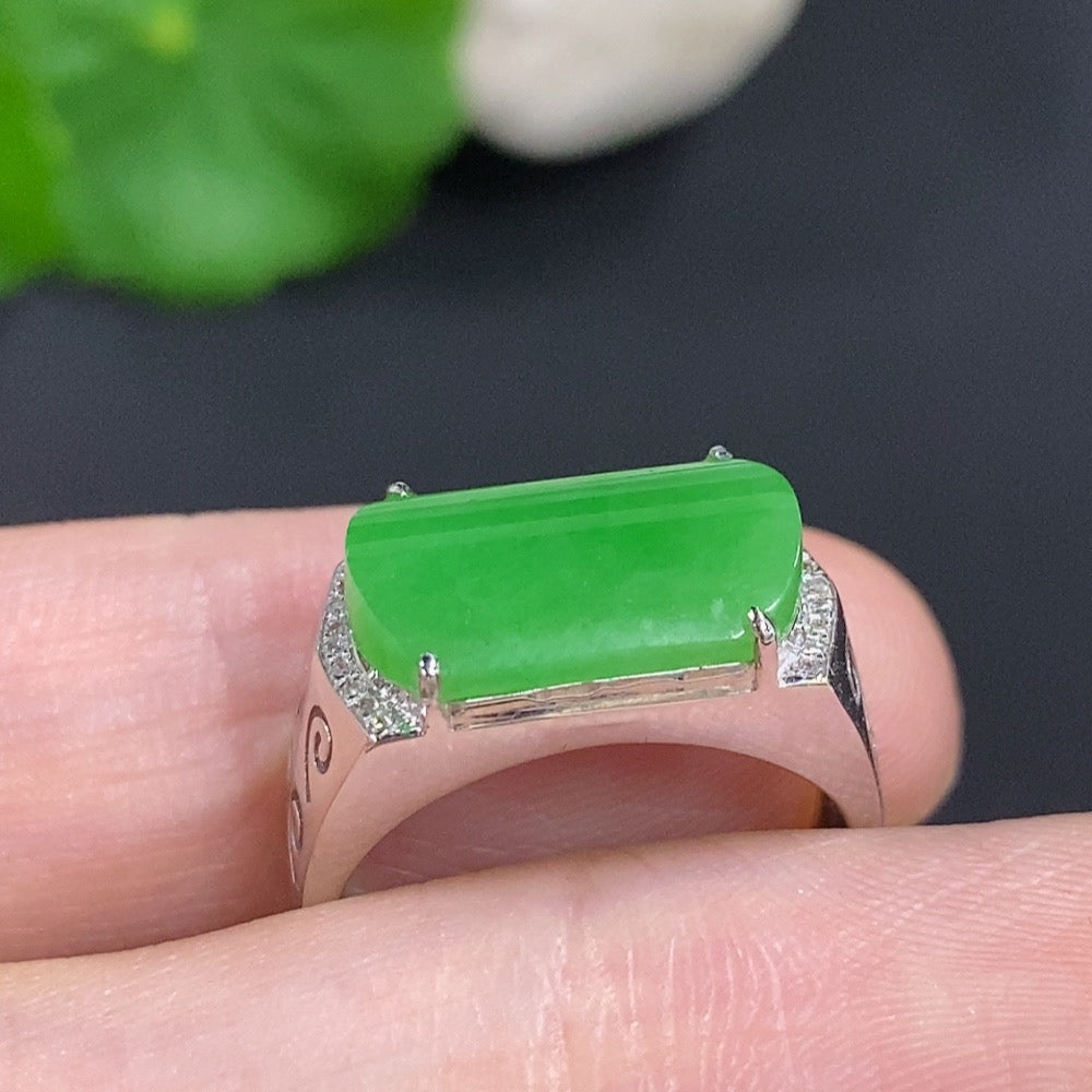 Jadeite cabochon ring with diamond accents in 18k gold, size 13, featuring a polished green jade stone and elegant gold band.