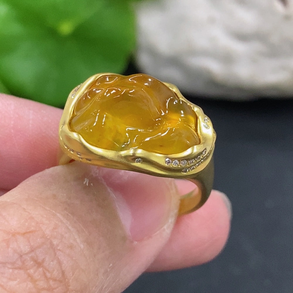 Jadeite inlaid ring with 18k gold and diamond accents, size 16, weight 8.5g, featuring intricate jade and gold craftsmanship.
