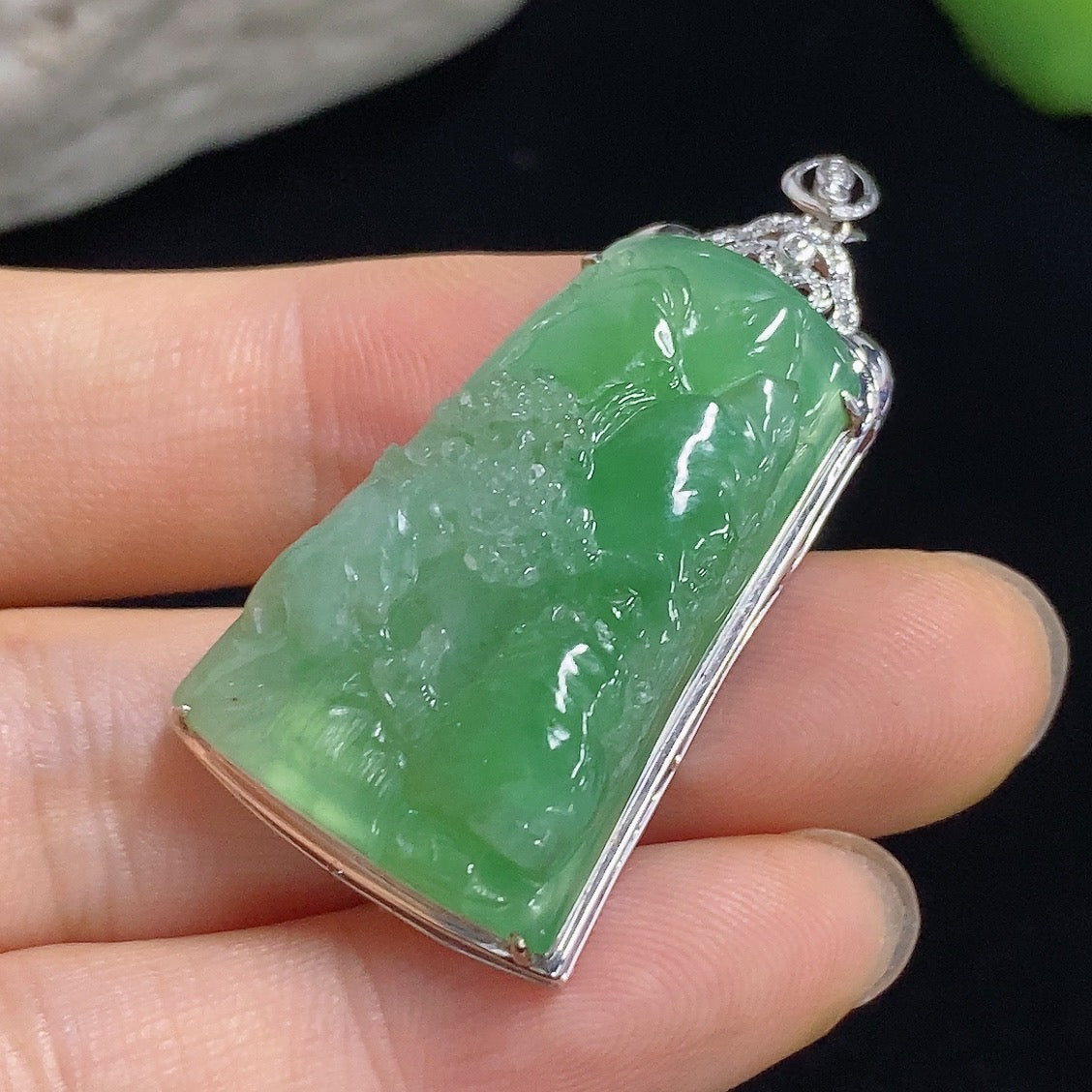 Jadeite Landscape Inlaid Pendant 18K with Diamond Accents