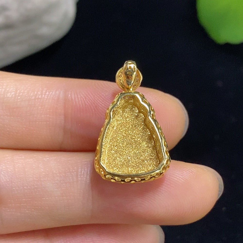 Jadeite Wealth God pendant necklace with 18K gold and diamond accents, featuring intricate craftsmanship and vibrant jadeite details.
