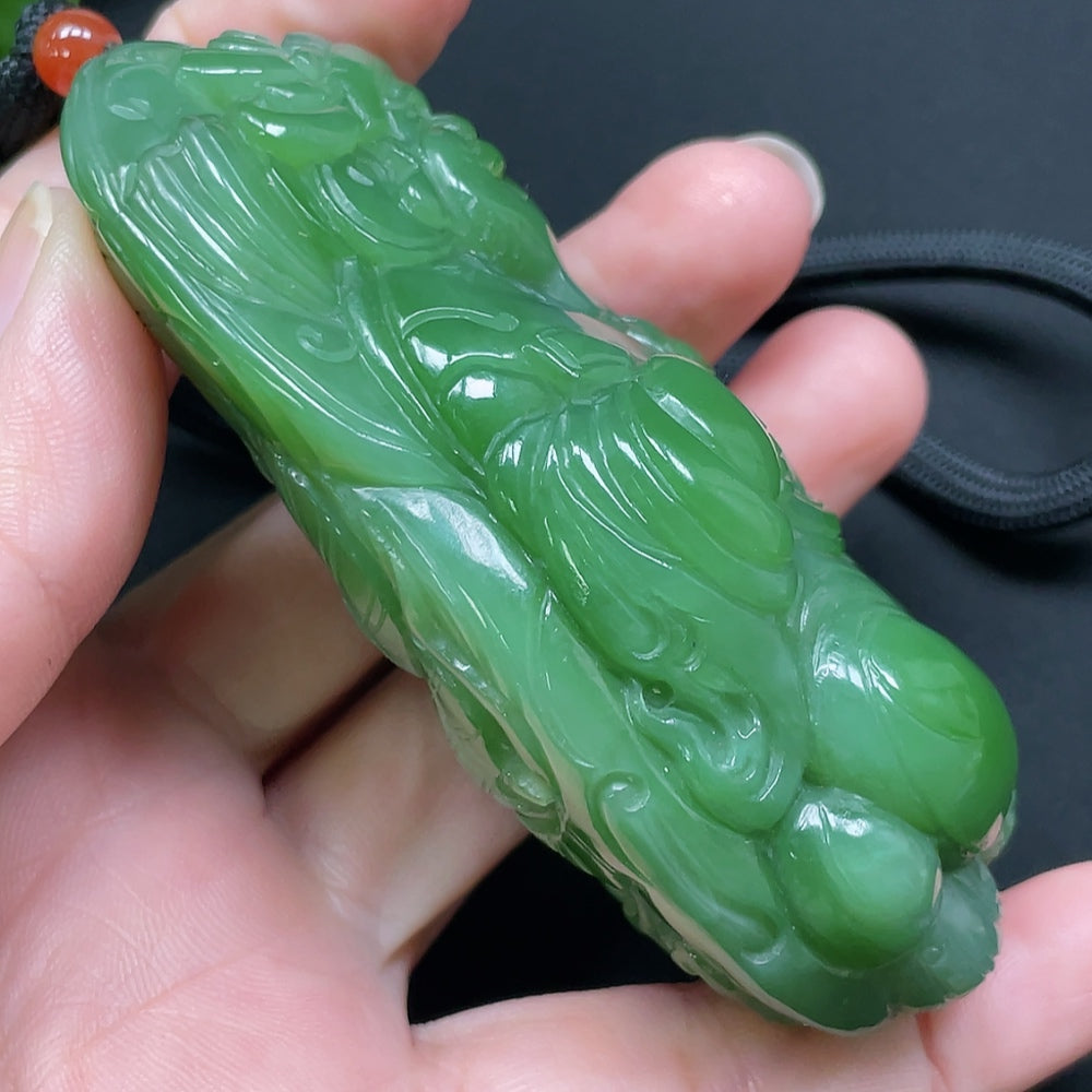 Hetian jade Buddha handheld pendant with rope, weighs approximately 190.73g, crafted by HKHQ.