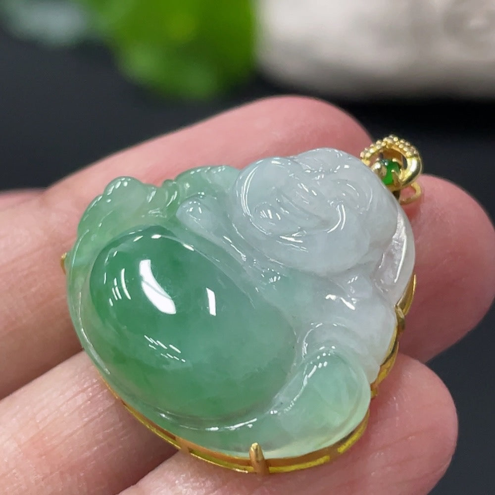 Jadeite Buddha Pendant with 18K Gold and Diamond Accents, Total Weight Approx. 6g