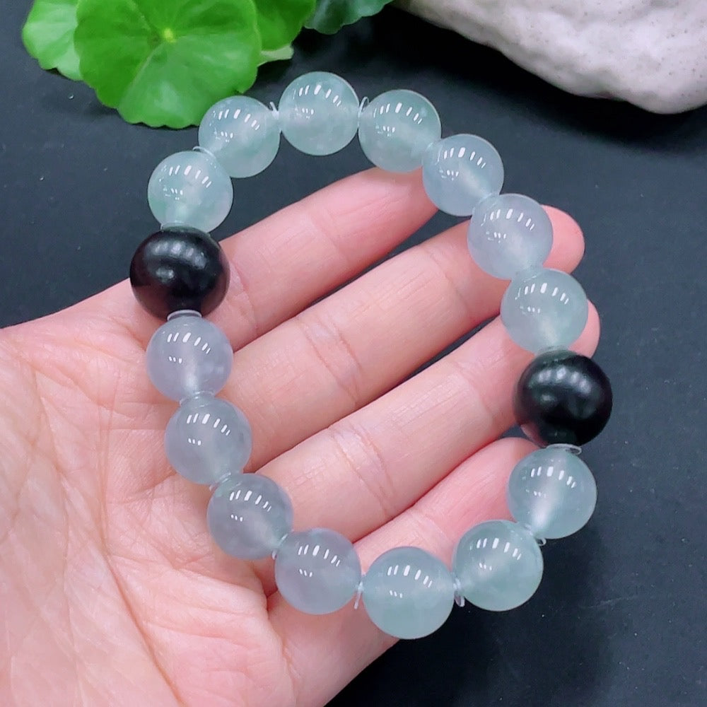 JadeiteBracelet, Approx. 12.8mm Beads, Total Weight ~54.37g, Black Beads with Wood [Total Value: $10,283 USD]