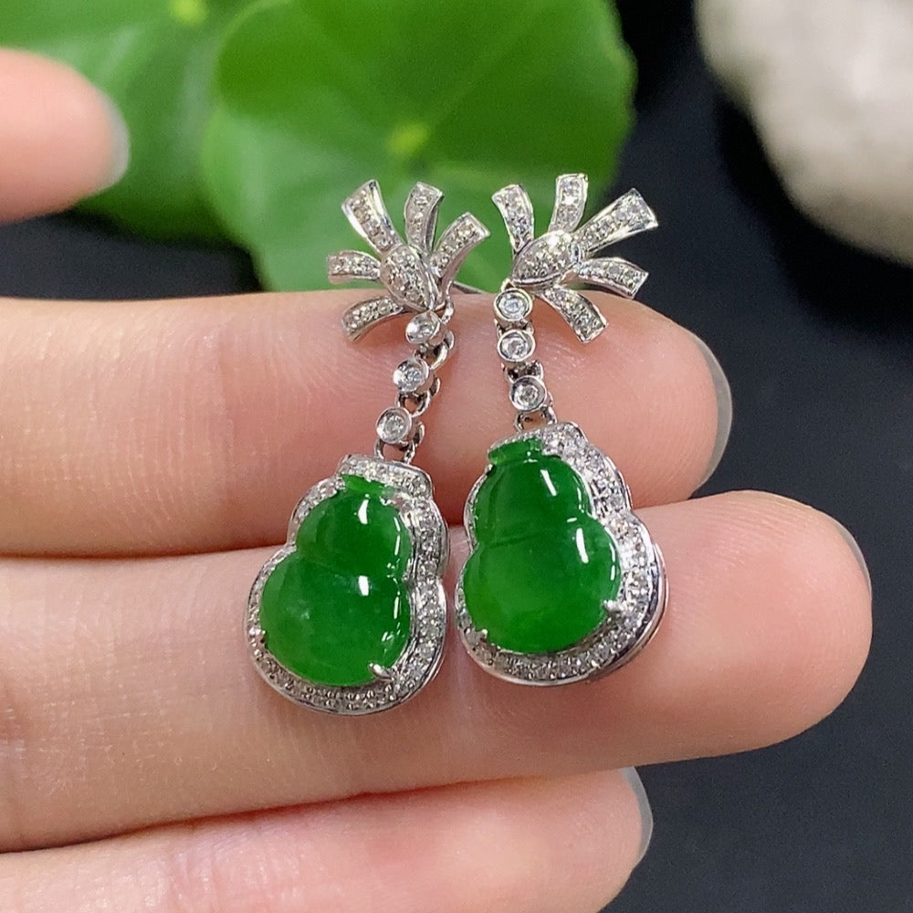 Jadeite Gourd Inlaid Earrings 18k with Diamond Accents