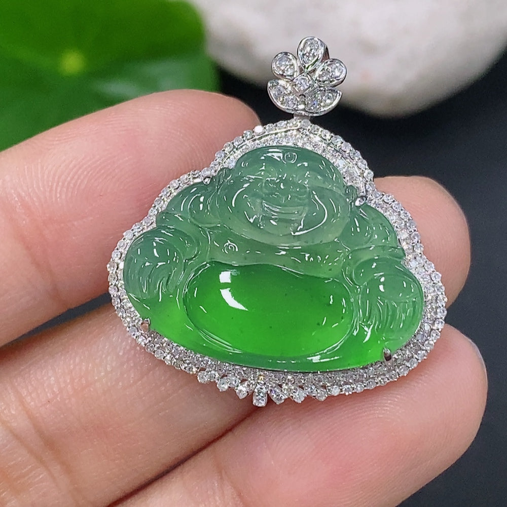 Jadeite Buddha Inlaid Pendant 18K Gold Total Weight Approx. 4.4g (With Diamond Accents)