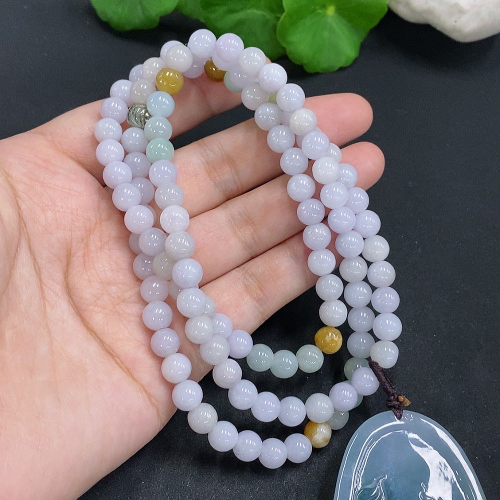 Jadeite Imperial Dragon Guanyin Pendant with Chain, Total Weight Approx. 128.2g (Color Origin Undetermined)