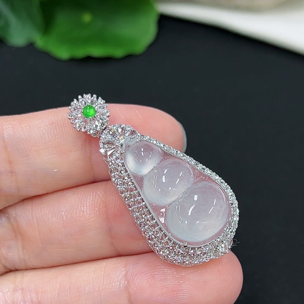 Jadeite Blessed Bean Pendant with 18k Gold and Diamond Accents