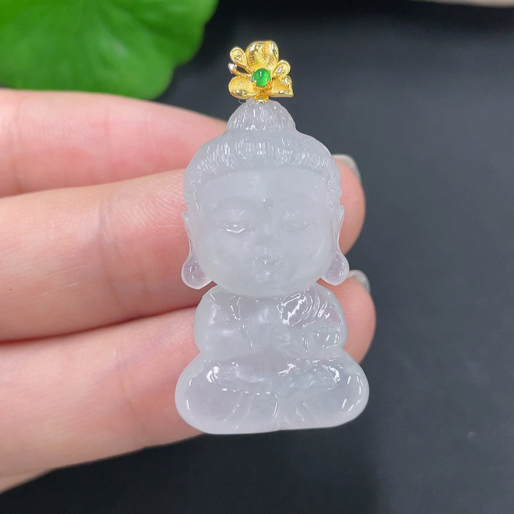 Jadeite pendant featuring a baby Buddha figure with 18K bezel and diamond accents, crafted by HKHQ.