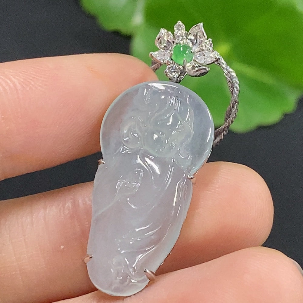 Jadeite inlaid pendant with 18K gold setting, HKHQ jade jewelry, showing the pendant's detailed craftsmanship and smooth gold finish.