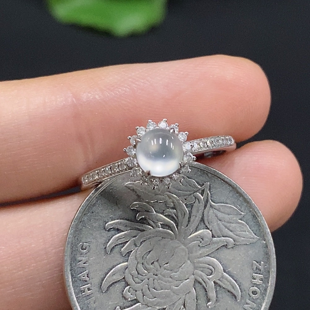 Jadeite Cabochon Ring with 18K Gold, Size 14, Total Weight Approx. 2.18g, Accented with Diamonds