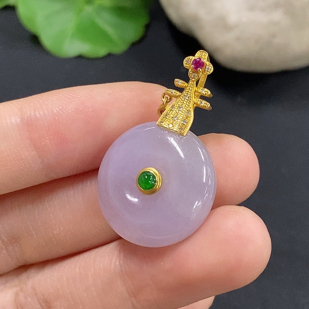 Jadeite Peace Buckle pendant with 18K gold accents and diamond details, featuring a smooth, colorless jade surface and intricate design.
