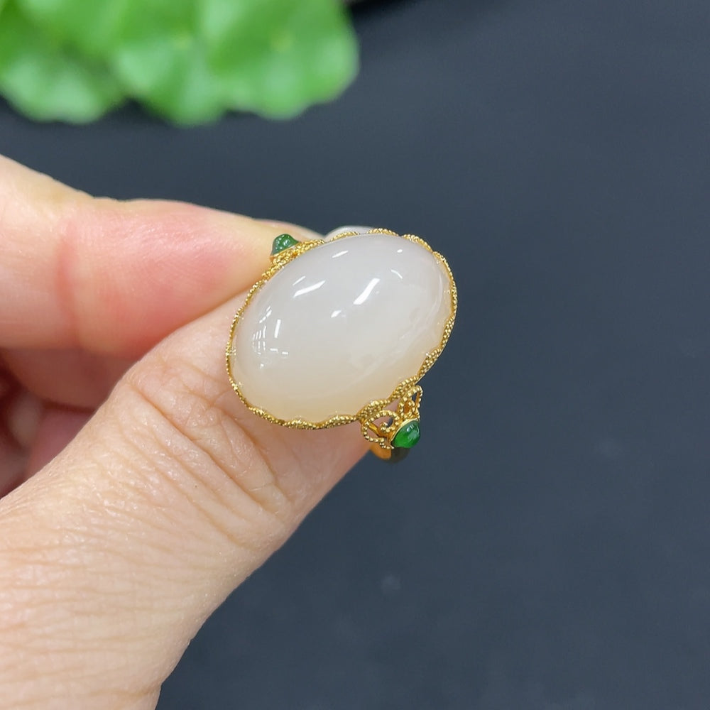 Hetian Jade Cabochon Inlaid Ring, 18k Gold, Size 15, Total Weight Approx. 3.3g