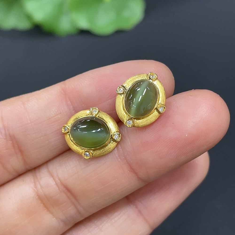 Hetian Jade Jasper Inlaid Earrings, 18k Gold, Total Weight Approx. 1.4g, Non-Diamond