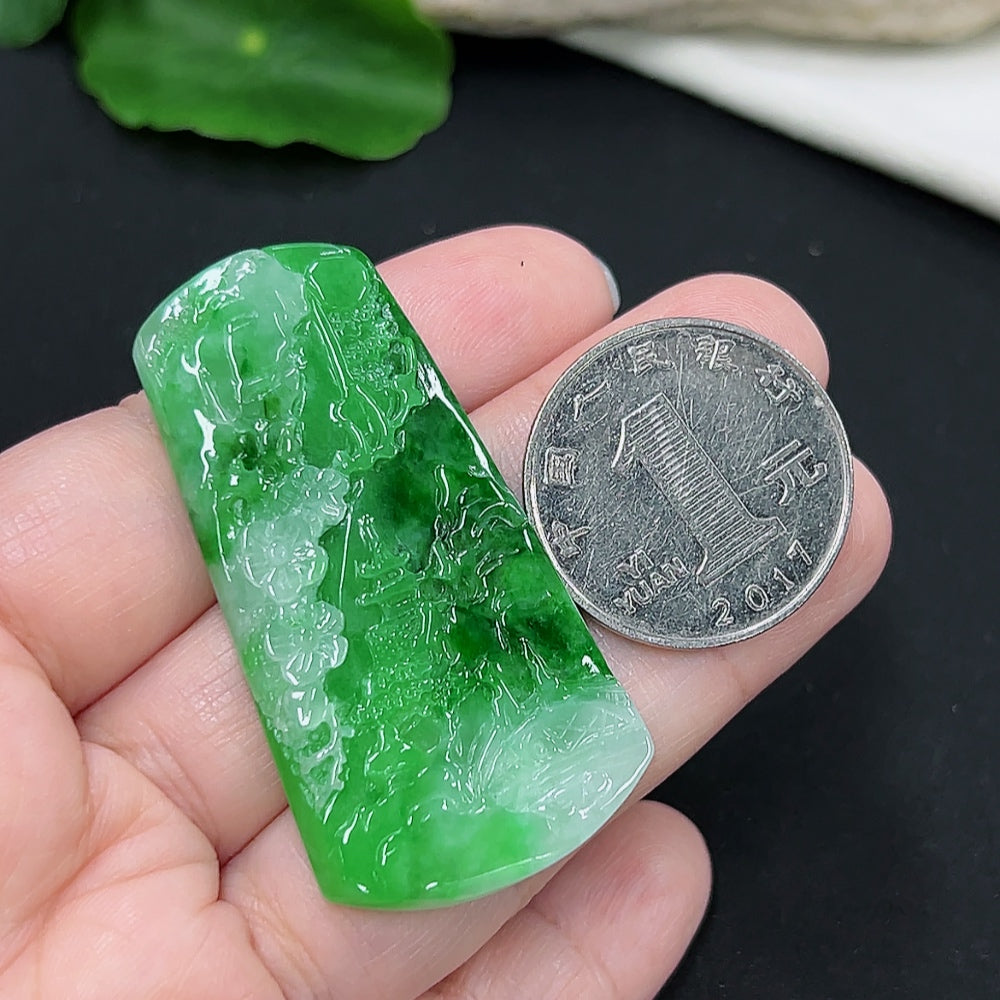 Jadeite landscape pendant necklace with mineral components, weighs 15.19g, featuring detailed jadeite and natural stone design.