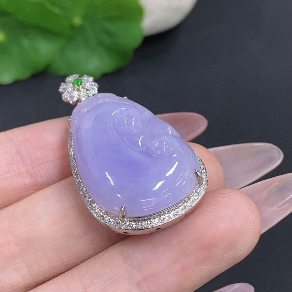 Jadeite Ruyi Pendant 18k Gold Total Weight Approx. 10g with Diamond Accents