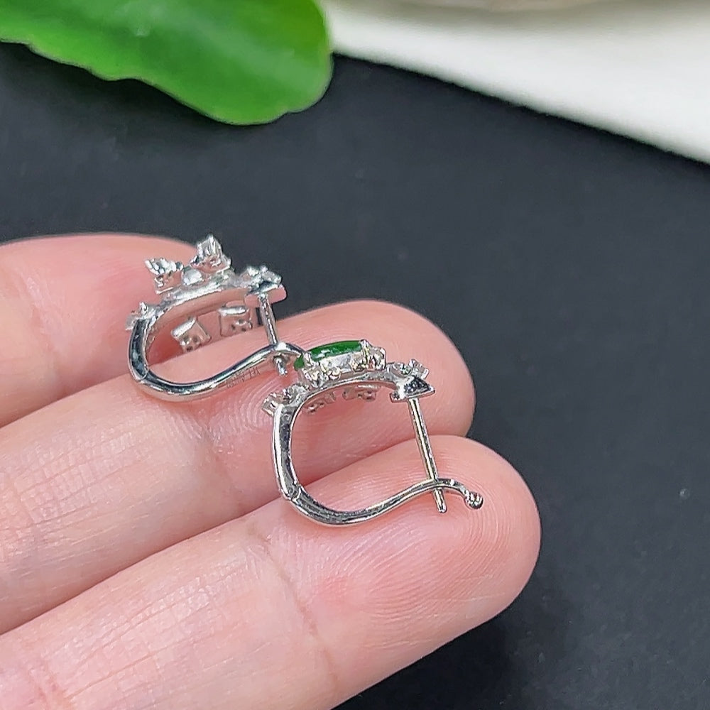 Jadeite inlaid earrings pair with 18K gold setting, lightweight jewelry with intricate design, by HKHQ.