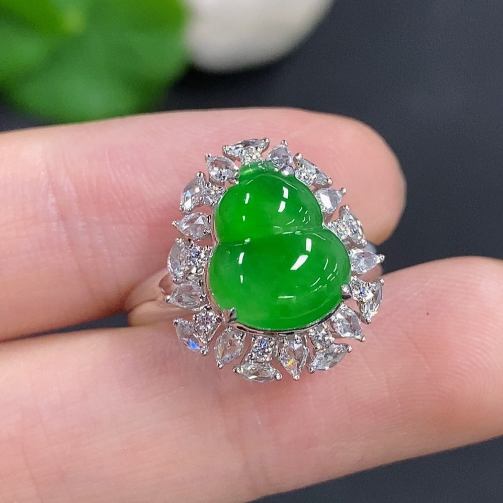 Jadeite gourd inlay ring with 18K gold and diamond accents, HKHQ jewelry featuring intricate design and elegant craftsmanship.