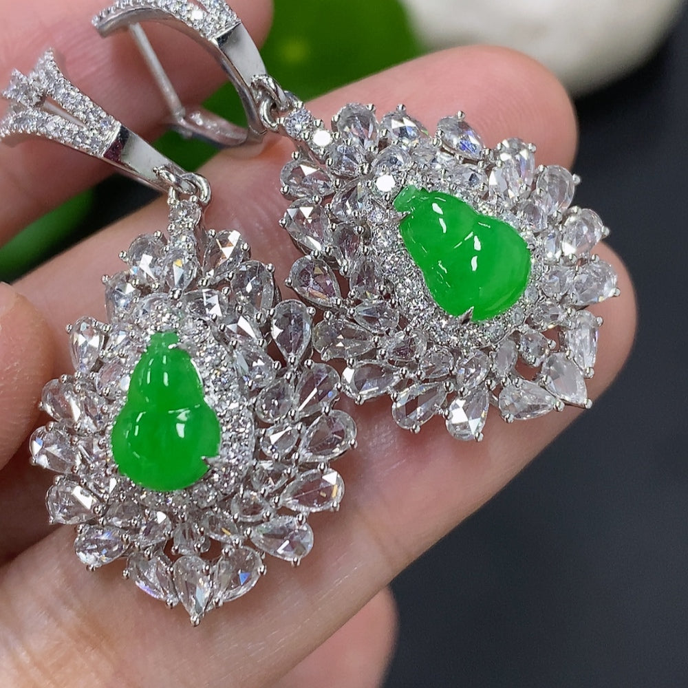 Jadeite Gourd Inlaid Earrings 18K Gold Total Weight Approx. 12.1g (with Diamond Accents)