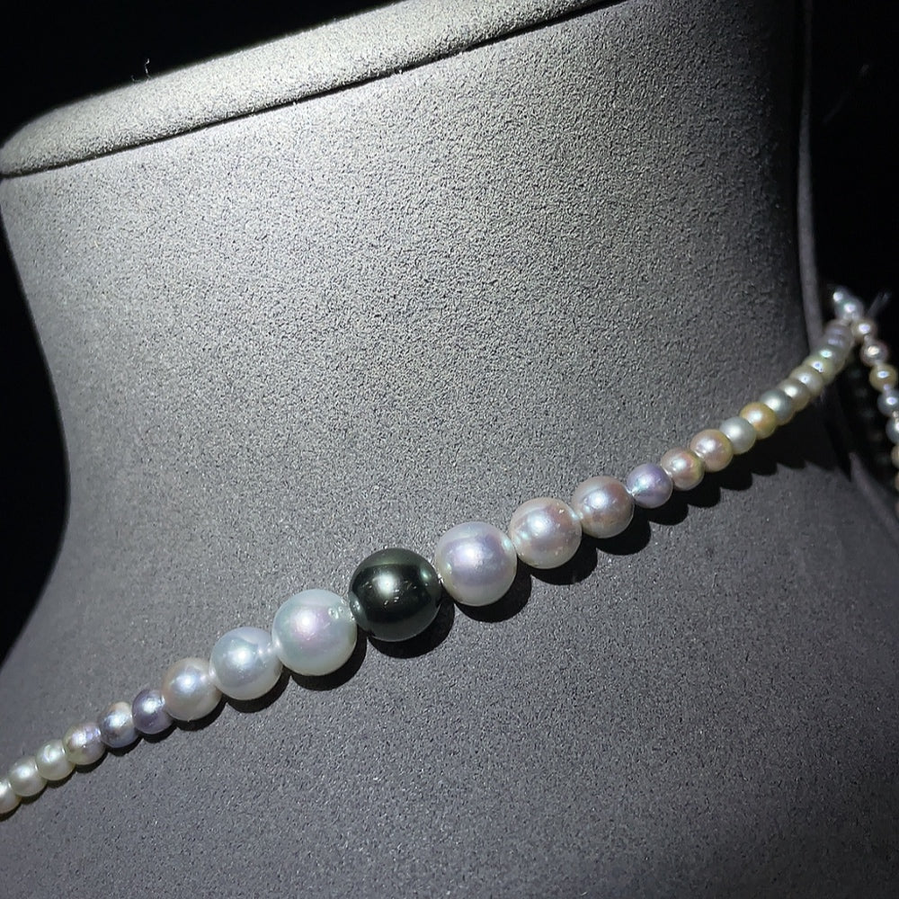 HKHQ seawater pearl necklace with undetermined color, 3.4-11mm pearls, weighing 41.85g, natural and non-gold jewelry piece