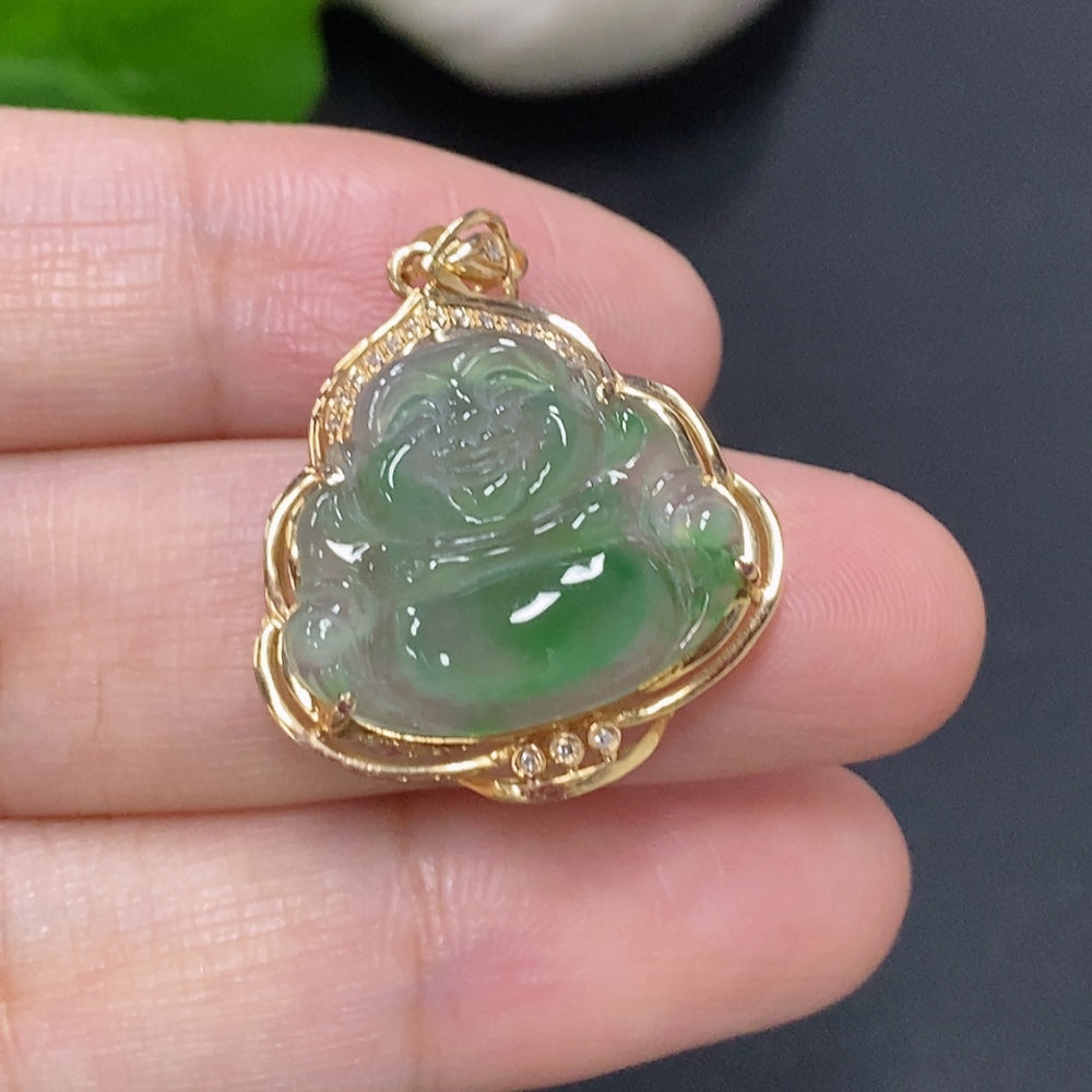 Jadeite Buddha Pendant with 18K Gold Setting, Total Weight Approx. 2.7g (with Diamond Accents)