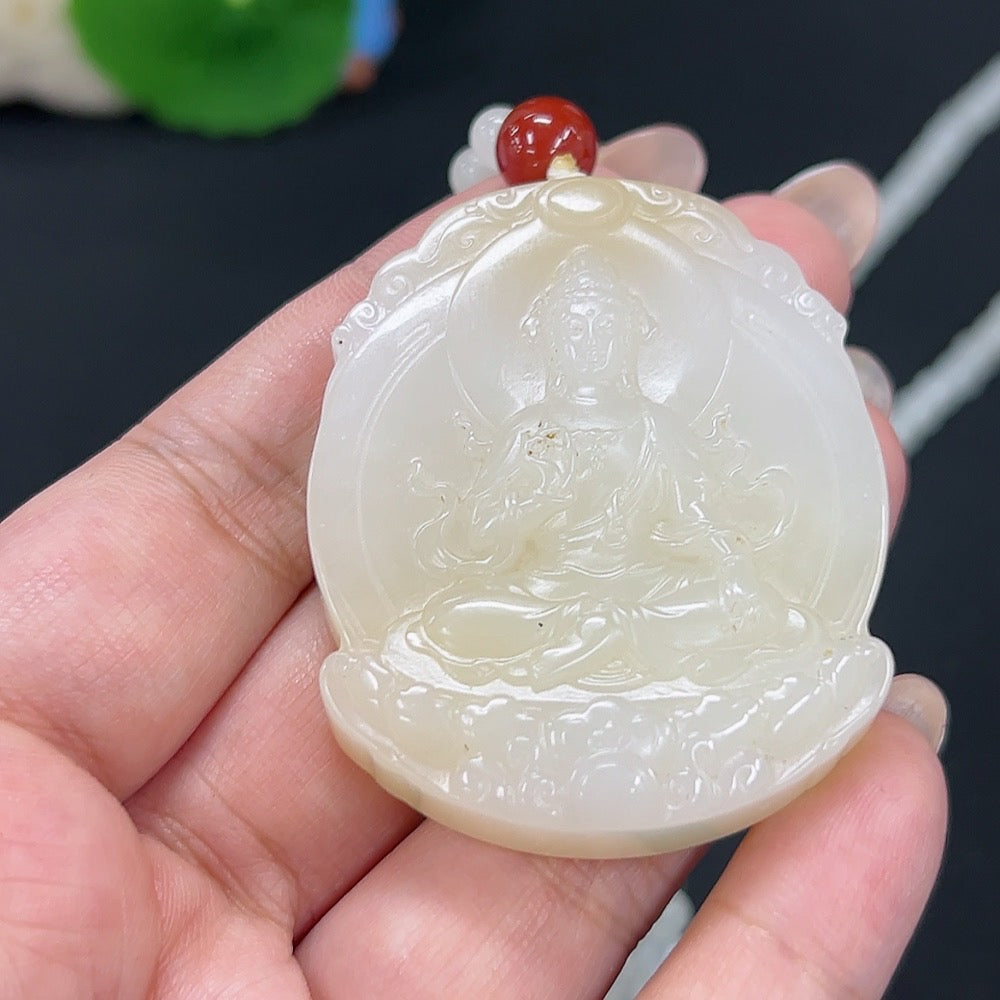 HKHQ Hetian Jade Pendant featuring Guanyin figure with rope, weighing approximately 76.1g, showcasing detailed jade craftsmanship.