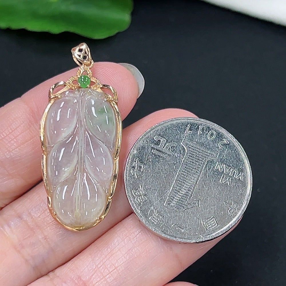 Jadeite Leaf Inlaid Pendant with 18k Gold and Diamond Accents, Total Weight Approximately 2.55g
