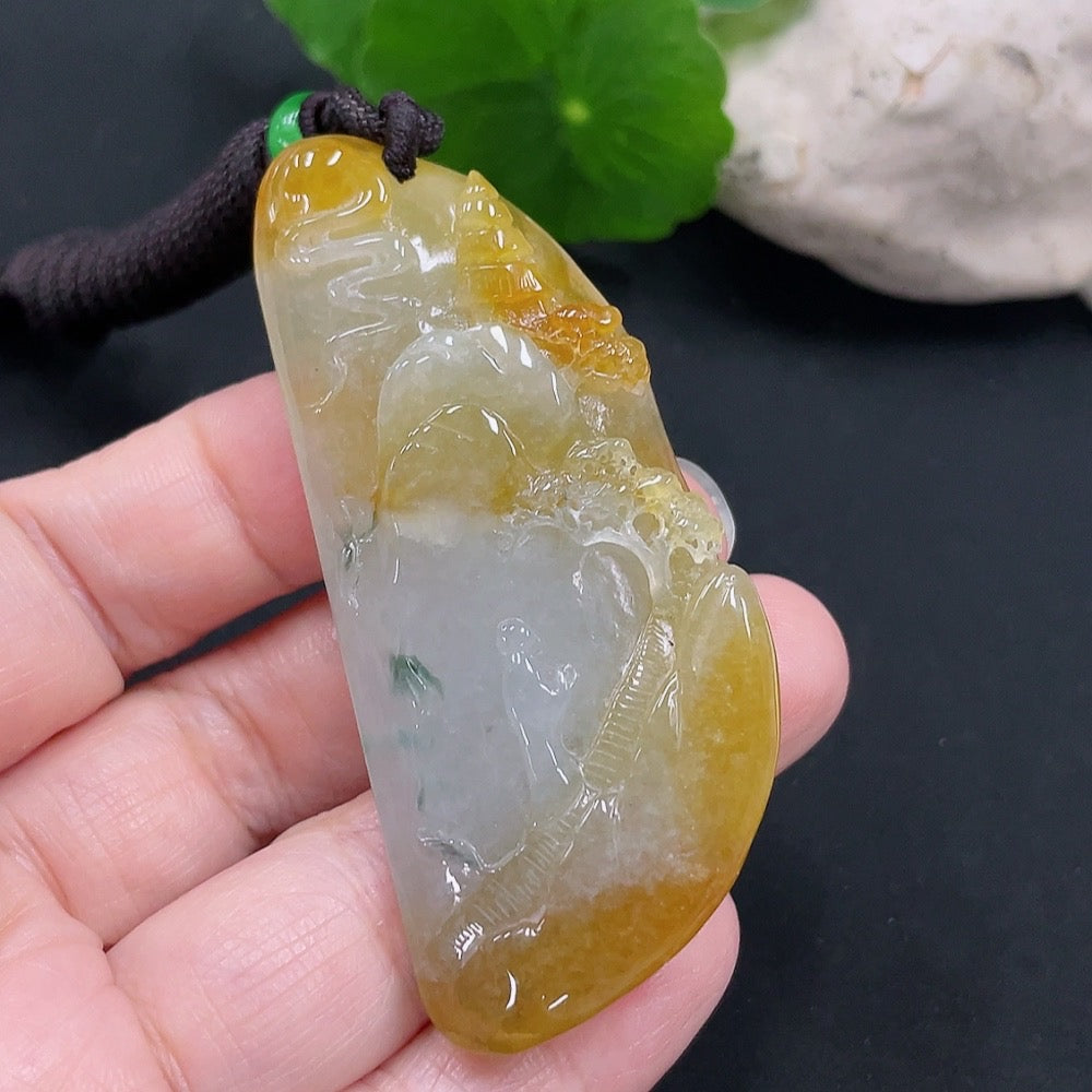 Jadeite landscape plaque pendant, total weight approx. 34.4g (including cord weight) (color origin undetermined)